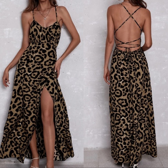 Dresses & Skirts - Boho leopard print open back cami maxi dress